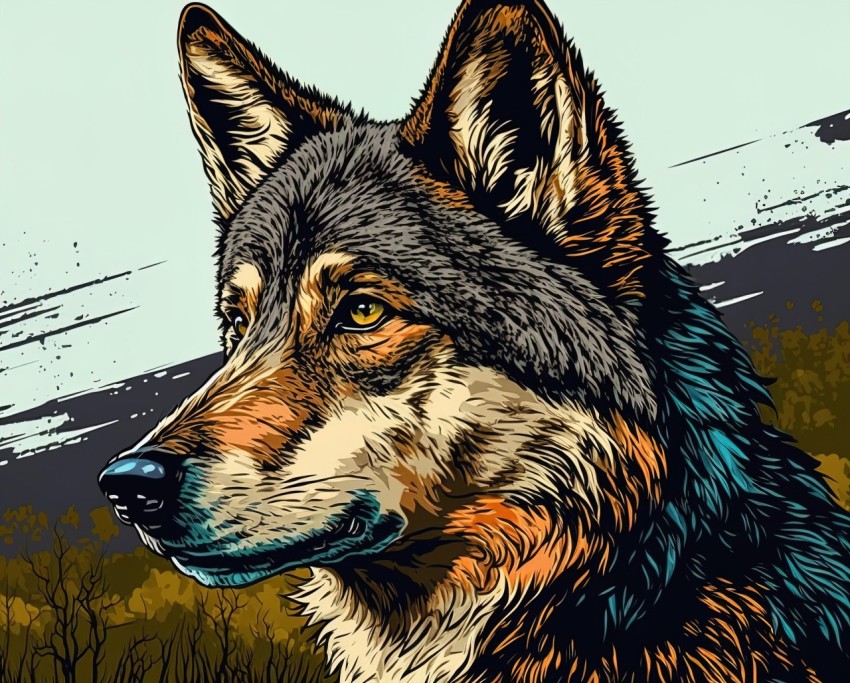 Digital Illustration of Wolf in Dark Amber and Sky-Blue | Woodcut Style