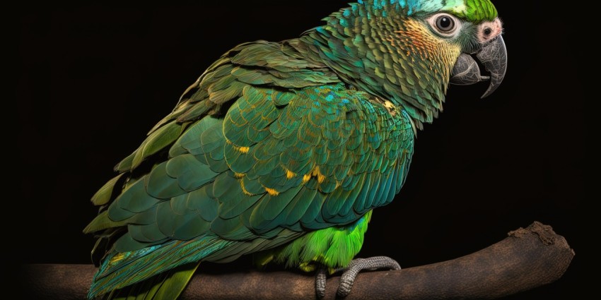 Green and Blue Parrot on Branch - Fine Feather Details