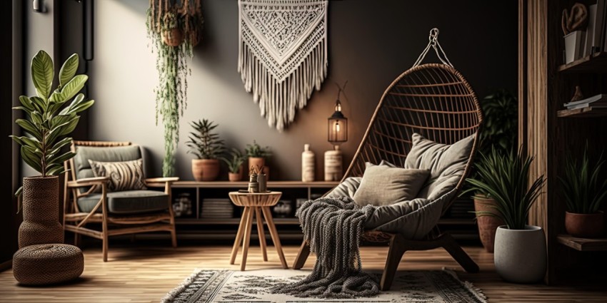 Captivating Room with Hanging Chair and Wicker Plants