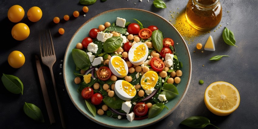 Delicious Salad with Eggs, Tomatoes, Cucumber, and Spinach in Dark Turquoise and Dark Yellow