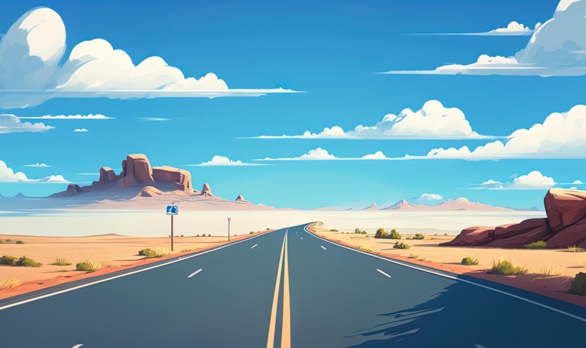 Desert Road with Clouds - Caricature-like Illustration