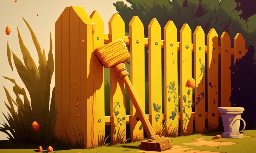 Cartoon Realism: Detailed Wooden Fence and Paint Bucket