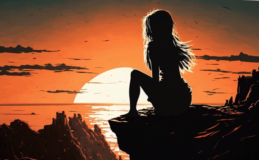 Girl on Cliff at Sunset in Manga Style - Romantic Seascape Illustration