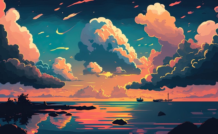Sky and Clouds Illustration - Vibrant Palette, Transfixing Marine Scenes