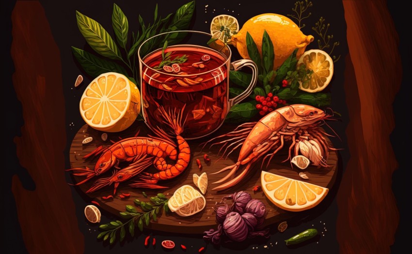 Traditional Oil Paintings of Shrimps and Condiments | Detailed Flora & Fauna