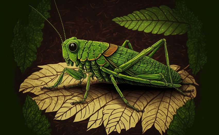 Grasshopper on Leaf: Highly Detailed Caricature Illustration