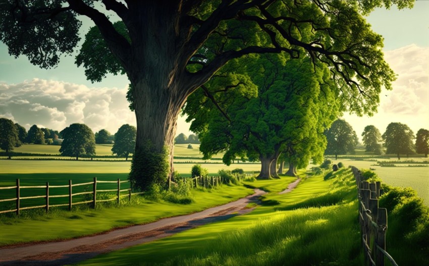Serene Green Field with Ethereal Trees - Realistic Fantasy Artwork