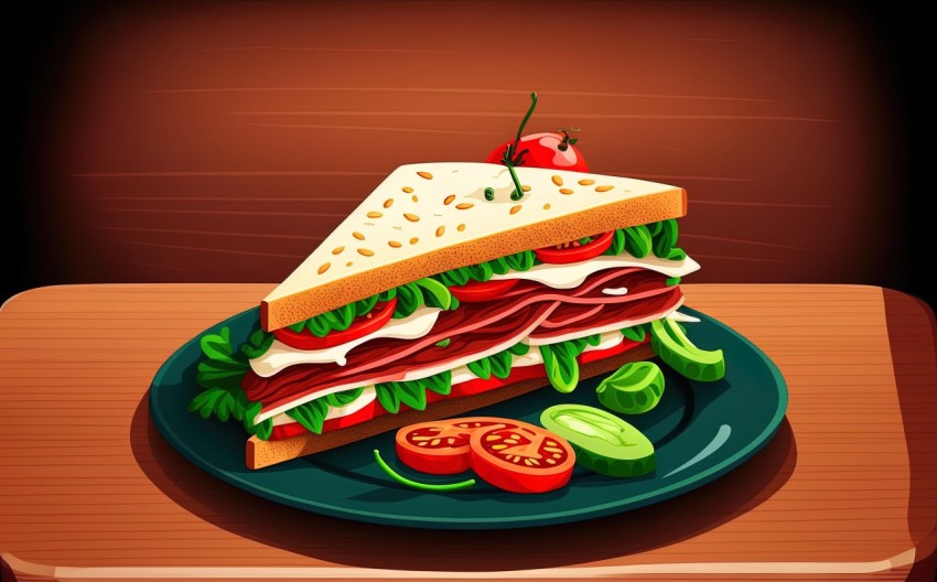 Colorful Cartoon Style Sandwich on Plate - Realistic Interiors