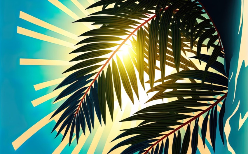 Art Poster of Palm Silhouettes with Sunny Rays | Highly Detailed Foliage