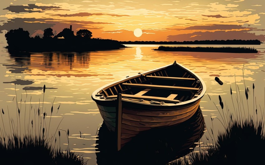 Romantic Illustration of a Boat on a Lake | Detailed Skies | Charming Rural Scenes