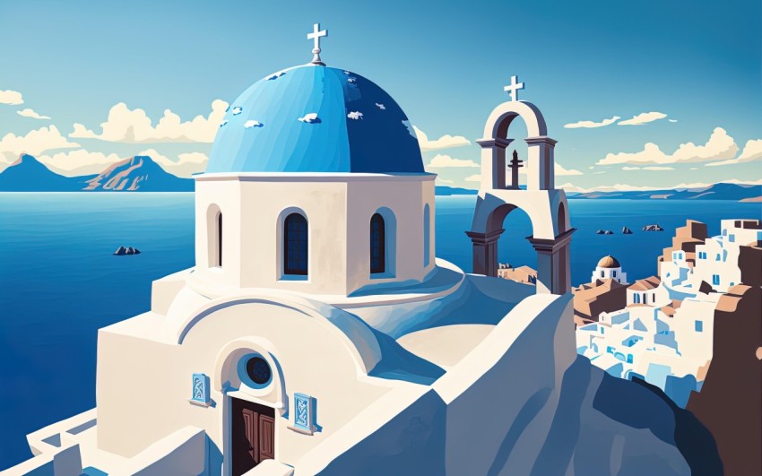 Blue and White Church Illustration in Traditional Oceanic Art Style