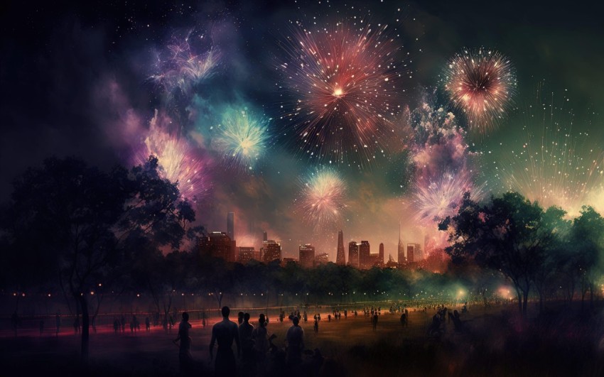 Fireworks Display Over City - A Realistic Landscape Rendering