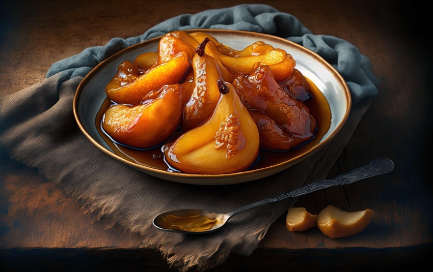 Orange and Buttery Pears in a Bowl with Syrup - Warm Tonal Range