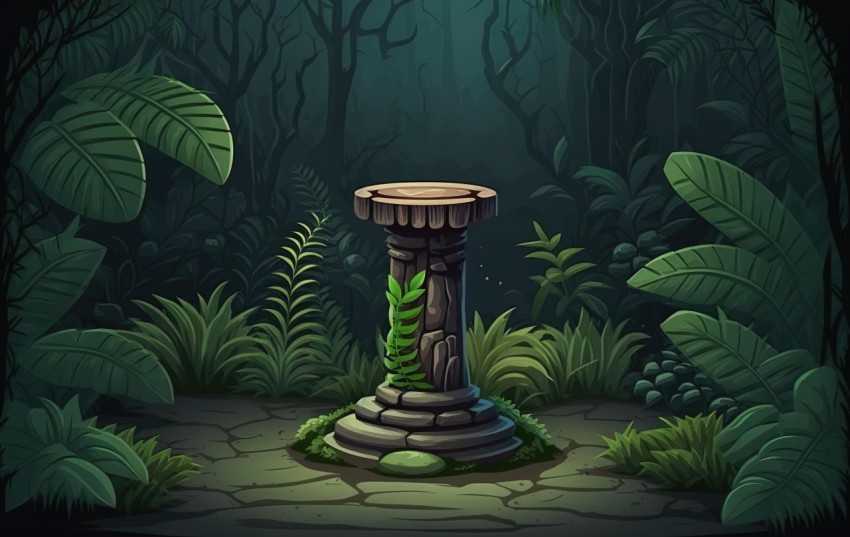 Ancient Stone Pillar Cartoon Illustration in Jungle | 2D Game Art