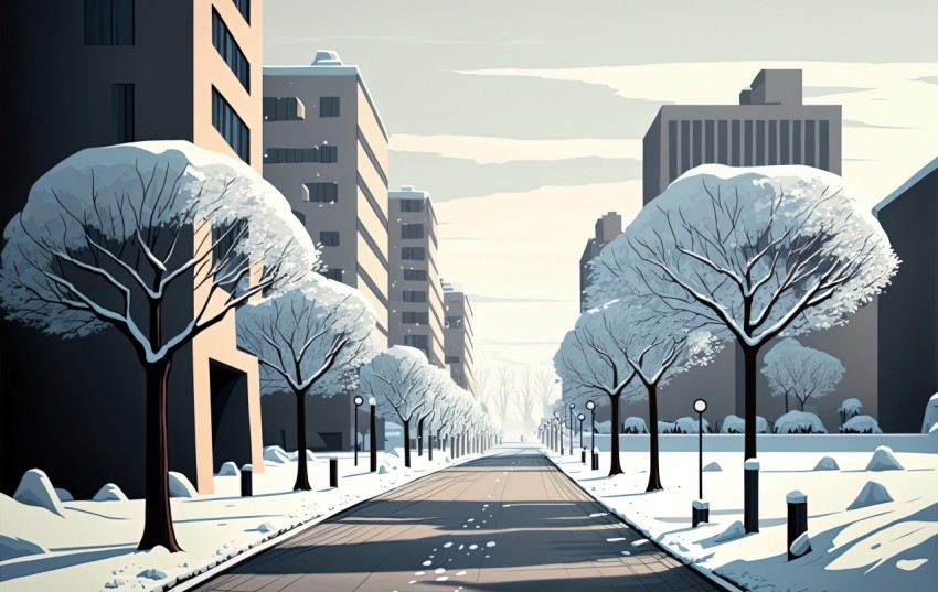Winter Street with Trees and Buildings in Graphic Novel Style