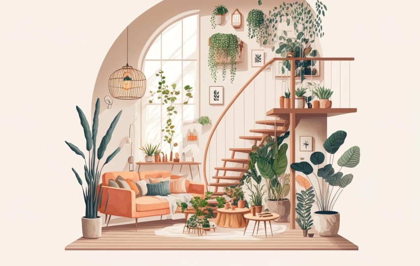 Cozy Living Room with Plants and Stairs: Romantic Illustration