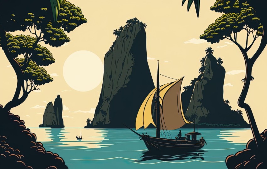 Vintage Travel Poster - Sailboat Amidst Tropical Landscape