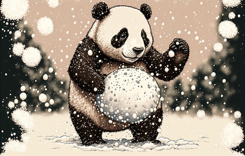 Panda Bear Playing with Oversized Ball in Snow - Editorial Illustration