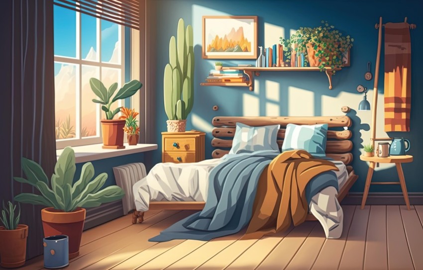 Cartoon Realism Bedroom with Bed and Plants | Vibrant Academia