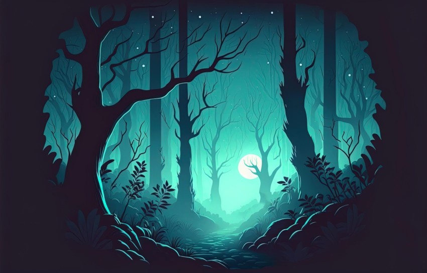 Eerie Rain Forest Illustration: Colorful Woodcarvings and Haunting Shadows