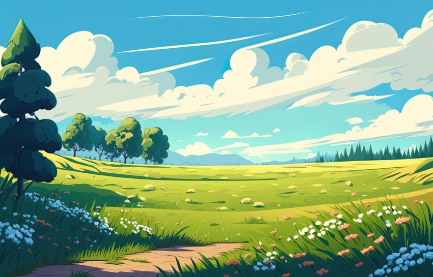 Green Field Illustration with Whimsical Anime Style and Detailed Skies