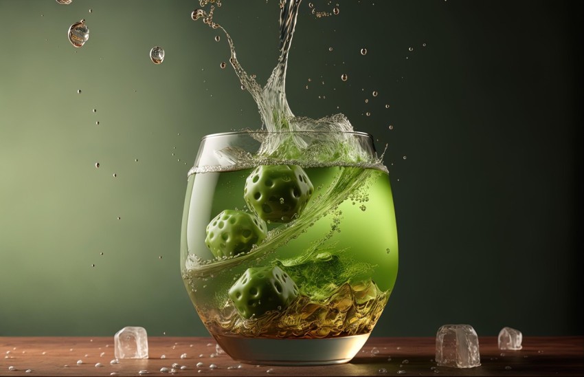 Meticulous Photorealistic Still Life: Green Liquid Splashing Out of Glass with Ice