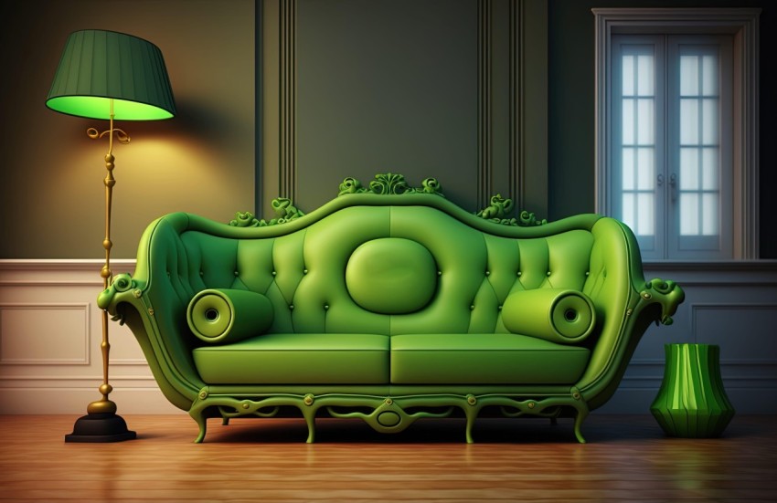3D Rendered Green Sofa in a Whimsical Victorian Style Room