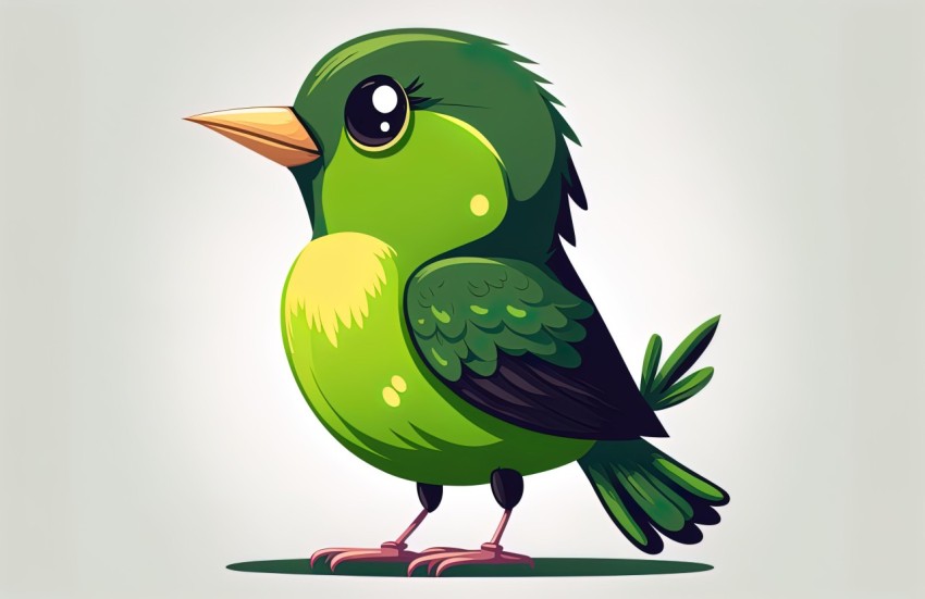 Cartoon Bird with Big Green Eyes on Gray Background - Detailed Character Illustration