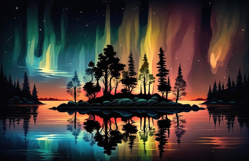 Aurora Illustration with Trees Above a Lake | Multicolored Landscapes