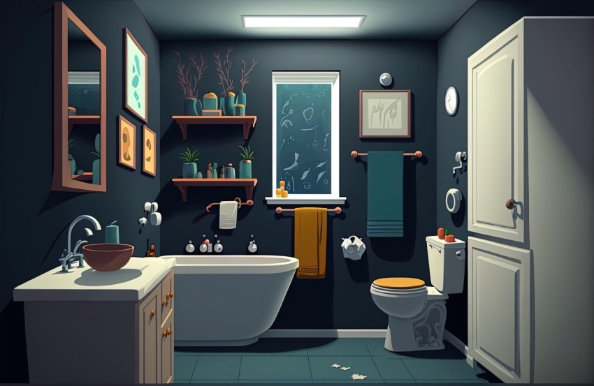 Dark Teal and Amber Bathroom: Moody 2D Game Art