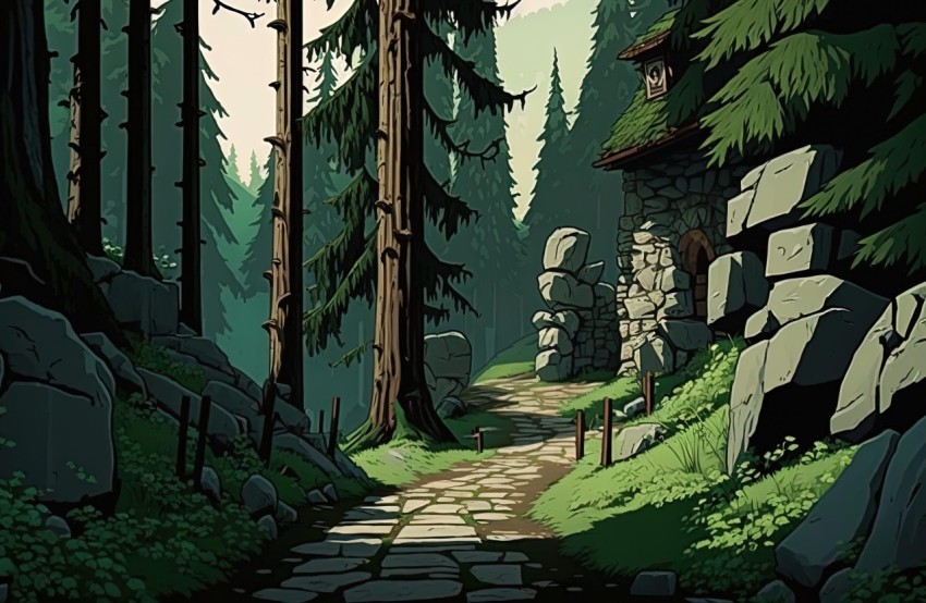 Nature Illustration: Stone Pathway in a Forest - 2D Animation Style