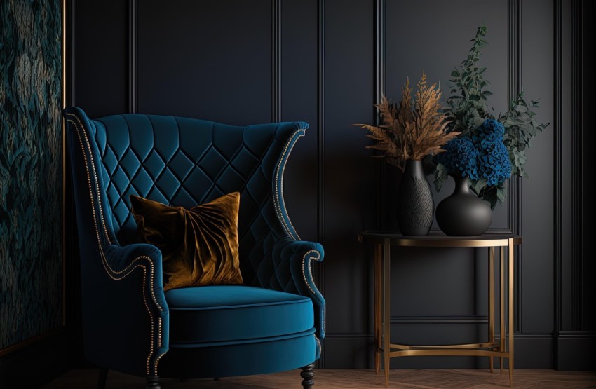 Blue and Gold Couch in Dark Room | Photorealistic Details