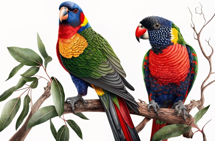 Colorful Parrots Sitting on a Branch - Realistic and Hyper-Detailed Illustration