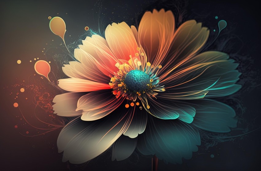 Colored Digital Flower - Hyper-Realistic Details - Dark Cyan & Light Amber