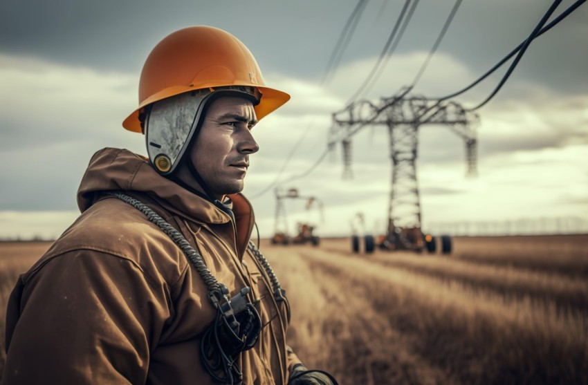 Industrial Worker Under Power Lines - Atmospheric Portraiture