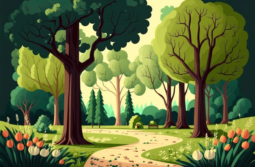 Cartoon Forest Scene with Path and Trees - Hyper-Detailed Illustration