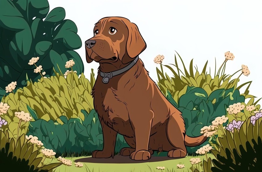 Anime-style Brown Dog in Garden with Hunting Scenes and Gouache
