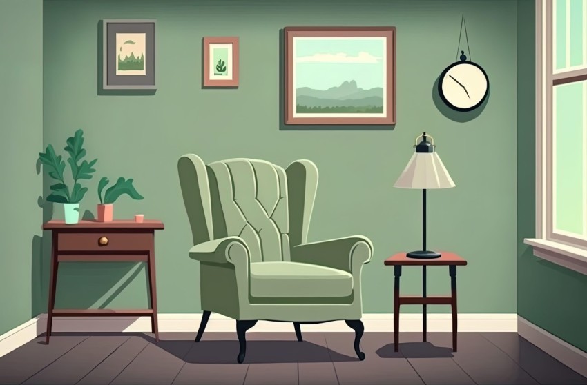 Whimsical Vintage Drawing of a Living Room with Green Wall and Chair