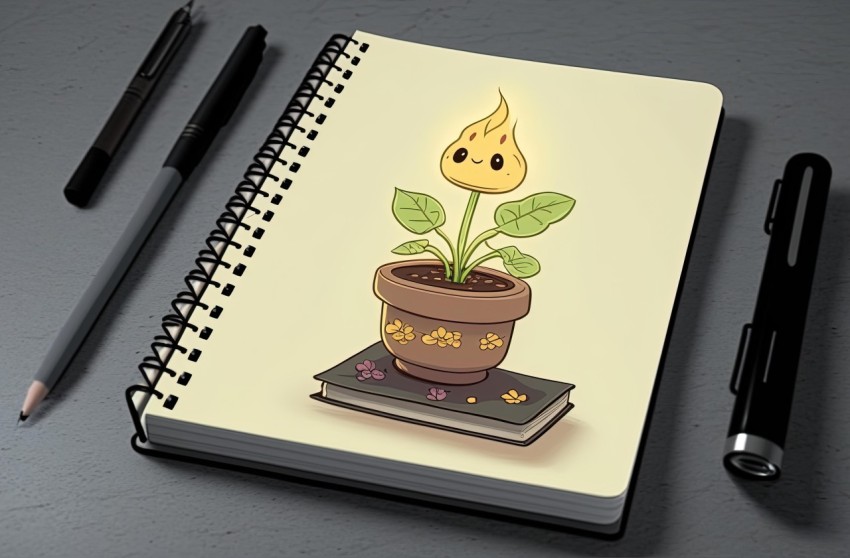 Cartoon-Inspired Pop: A Unique Blend of Ultra-Realistic Notebook and Potted Plant