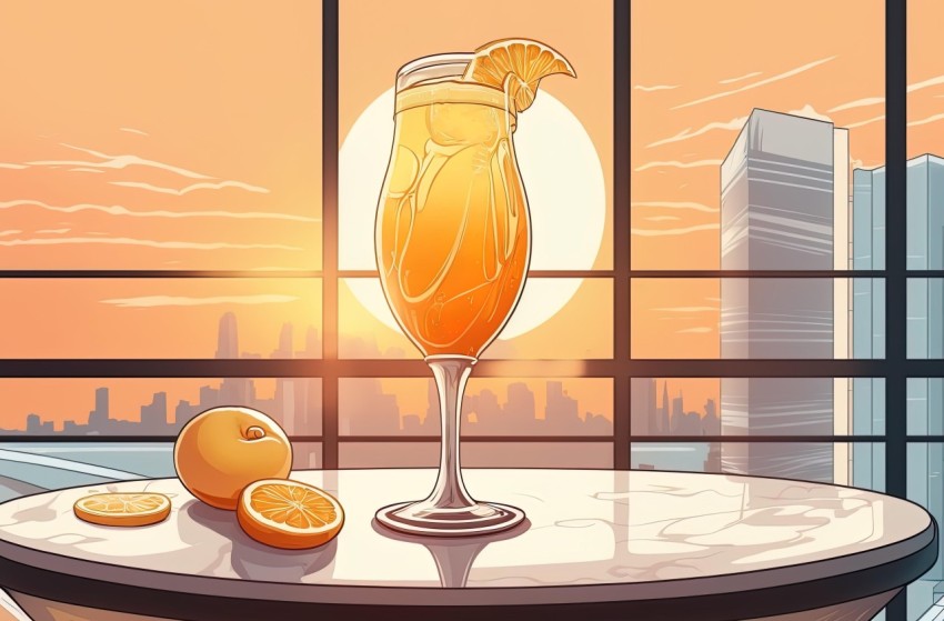 Comic Art Style Cocktail Glass with Orange Slices and Skyscraper in New York City
