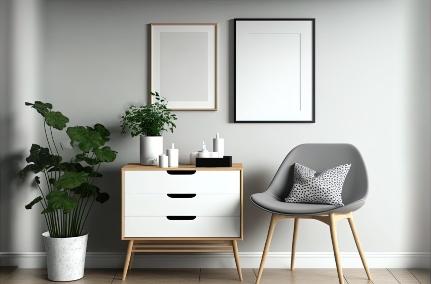 Minimalist Indoor Still Life Room with Grey Framed Pictures and White Chair