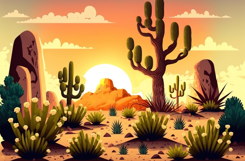 Desert Landscape at Sunset with Cactus and Rocks
