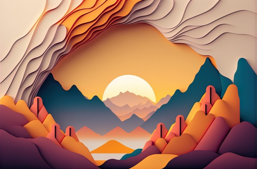 Sunset in the Mountains with Paper Design - Crystalline and Geological Forms