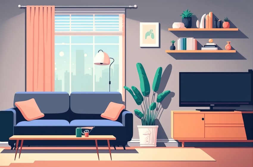 Colorful Vector Living Room with Blue Sofa and Plants | 2D Game Art
