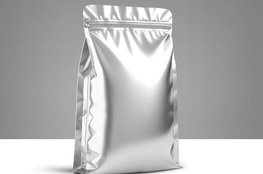 Silver Foil Bag Packaging on Gray Background | High-Key Lighting