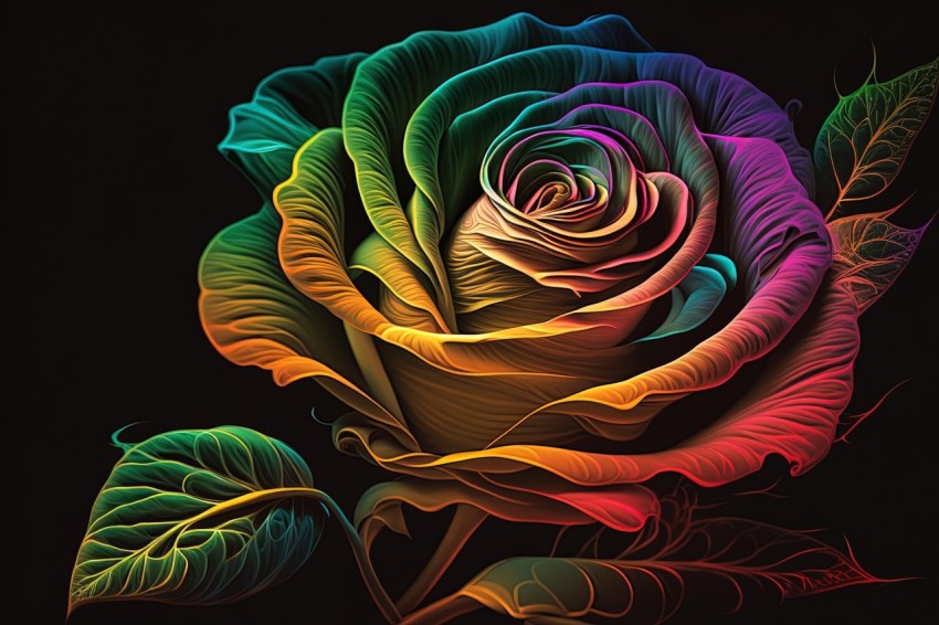 Colored Rose on Black Background | Dimensional Multilayering | Vibrant Illustrations