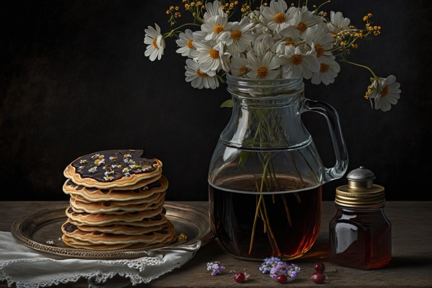Meticulous Photorealistic Still Life with Pancakes and Delicate Flowers