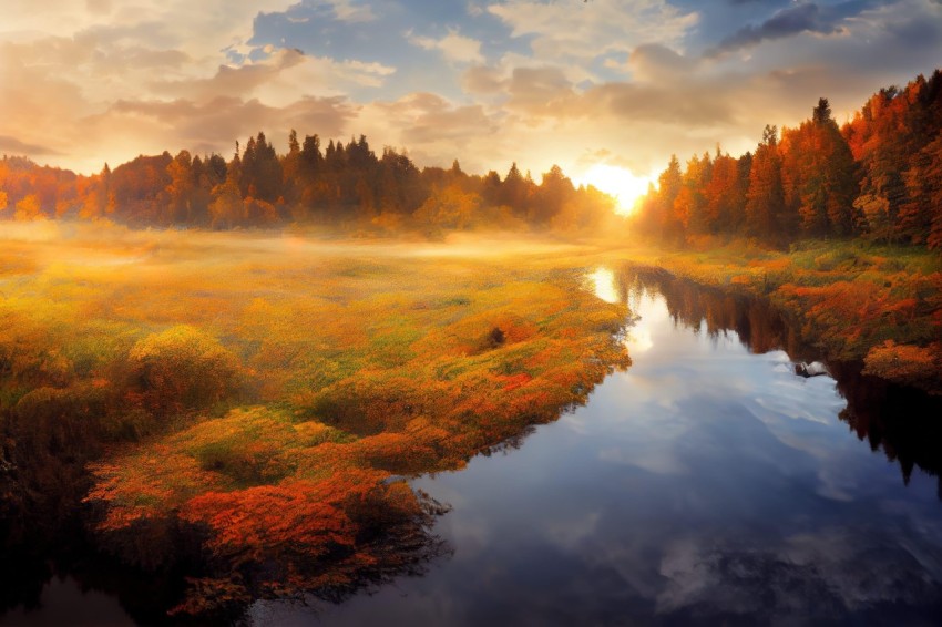 Dreamy Sunrise and Autumn Colored Trees - A Joyful Celebration of Nature