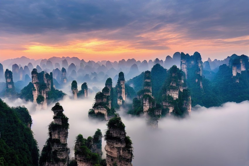 Awe-inspiring Landscape: Cloud-covered Rocks and Mountain Islands at Sunset