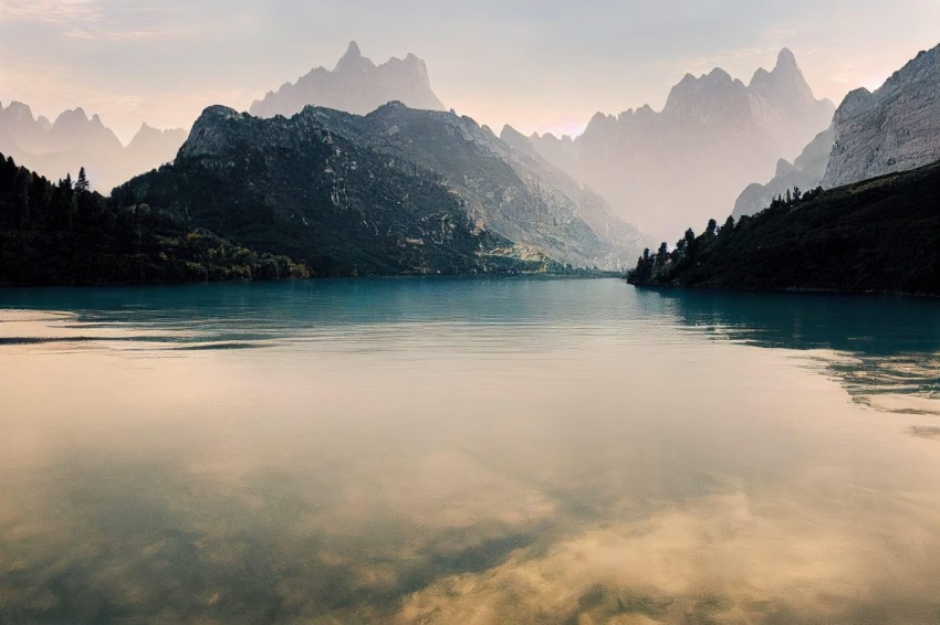 Serene Lake and Majestic Mountains: A French Landscape in Hues of Teal and Maroon
